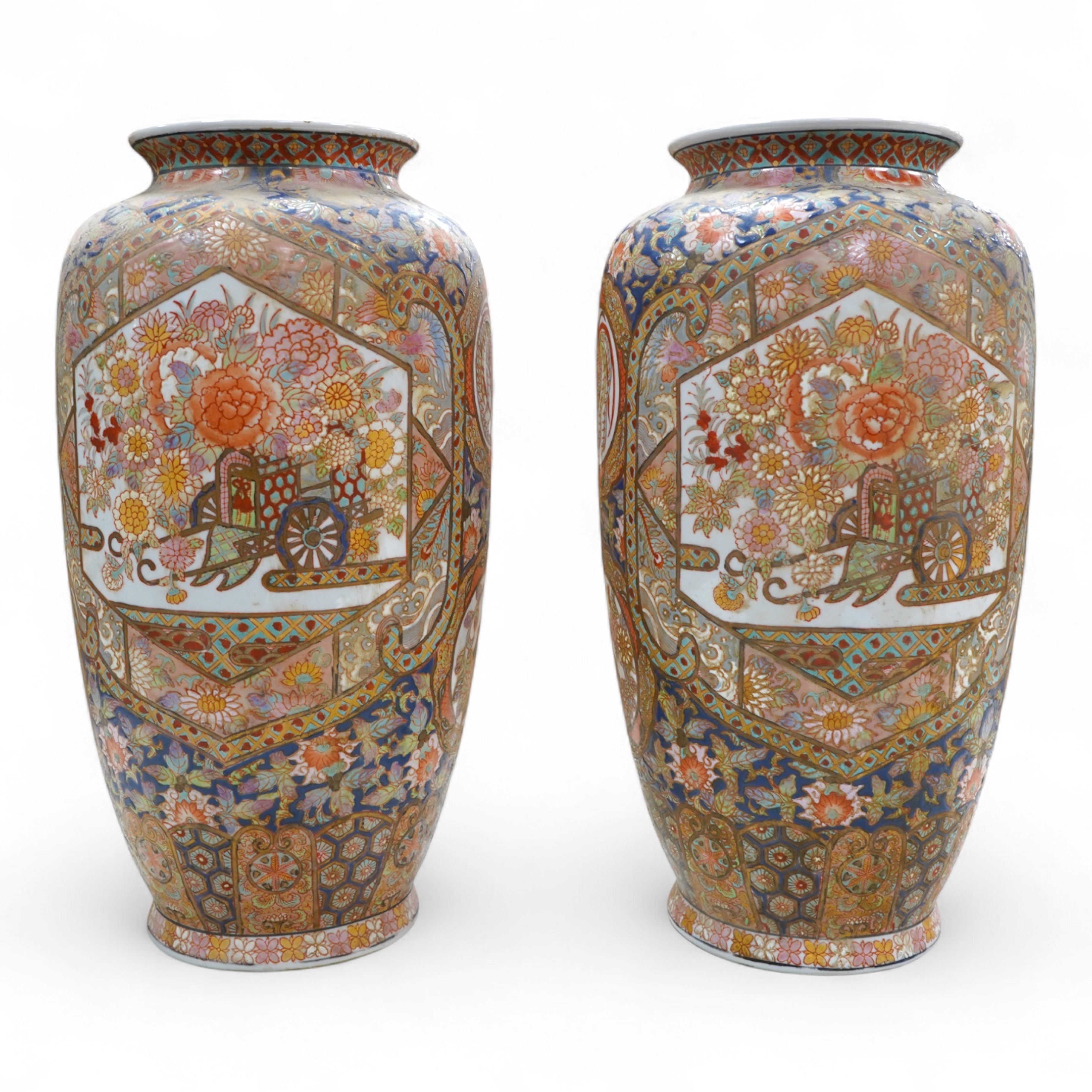 A pair of early 20th century Japanese satsuma pottery vases, 37cm high